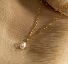 Pearl Drop necklace, Two Layer Chain necklace, Brass 22k gold plated, Handmade jewelry