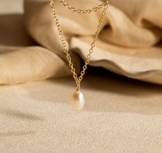 Pearl Drop necklace, Two Layer Chain necklace, Brass 22k gold plated, Handmade jewelry