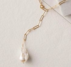Baroque Pearl Y Drop necklace, Brass 22k gold plated Paperclip chain, Hadmade jewelry