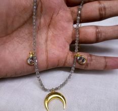 Crescent Moon charm Necklace with Labradorite & Cz stone, Brass handmade jewelry