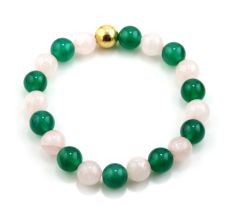 Rose quartz & Green onyx beaded bracelet, With Metal bead, Adjustable bracelet
