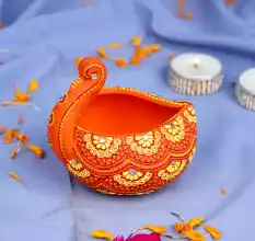 Handmade Washable Terracotta Modern Swan Diya Tealight T-Light Holder - Orange