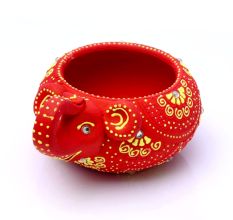 Handicraft Washable Terracotta Modern Elephant Diya Tealight T-Light Holder - Red