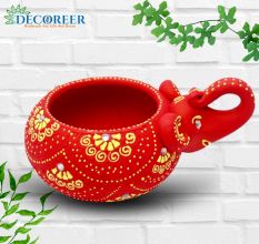Handicraft Washable Terracotta Modern Elephant Diya Tealight T-Light Holder - Red