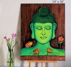 Buddha Green Acrylic on Canvas Board by Artist Dimpana | 14 x 18 Inches