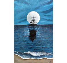 Ship on a Full Moon Day Acrylic Seascape Painting Art on Canvas Board by Artist Dimpana | 30 X 18 Inches