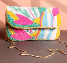 Tropical Vibes Hand-Beaded Sling Clutch with Gold Chain Strap | Multicolor Statement Bag