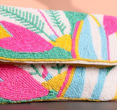 Tropical Vibes Hand-Beaded Sling Clutch with Gold Chain Strap | Multicolor Statement Bag