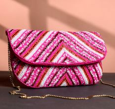 Pink Chevron Hand-Beaded Clutch Bag with Gold Chain Strap | Festive Party Sling