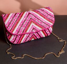 Pink Chevron Hand-Beaded Clutch Bag with Gold Chain Strap | Festive Party Sling