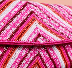 Pink Chevron Hand-Beaded Clutch Bag with Gold Chain Strap | Festive Party Sling