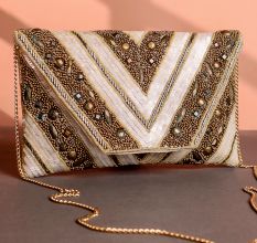 Golden Chevron Hand-Beaded Party Clutch with Embellished Details & Chain Strap | Evening Glam Sling Bag