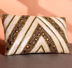 Golden Chevron Hand-Beaded Party Clutch with Embellished Details & Chain Strap | Evening Glam Sling Bag