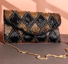 Midnight Glam Black & Gold Beaded Clutch with Scallop Detailing and Chain Strap | Elegant Party Sling Bag