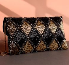 Midnight Glam Black & Gold Beaded Clutch with Scallop Detailing and Chain Strap | Elegant Party Sling Bag