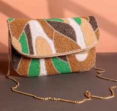 Earth Rhythm Abstract Beaded Clutch with Gold Chain Strap | Green, Brown & White Party Sling Bag