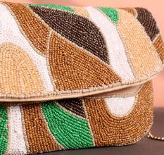 Earth Rhythm Abstract Beaded Clutch with Gold Chain Strap | Green, Brown & White Party Sling Bag