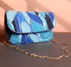 Ocean Wave Hand-Beaded Clutch Bag with Gold Chain Strap | Shades of Blue Party Sling