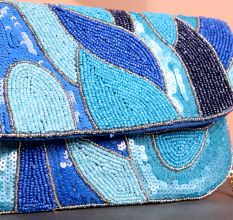Ocean Wave Hand-Beaded Clutch Bag with Gold Chain Strap | Shades of Blue Party Sling