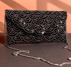 Midnight Sparkle Black Beaded Clutch with Black Sequin Wave Design & Chain Strap | Glam Evening Sling Bag
