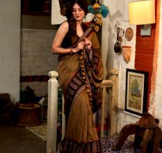 Olive Ajrak Cotton Saree with Paisley Border Detailing