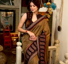 Olive Ajrak Cotton Saree with Paisley Border Detailing