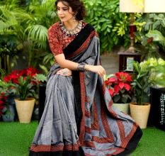 Grey Ajrak Cotton Saree with Black Contrast Border