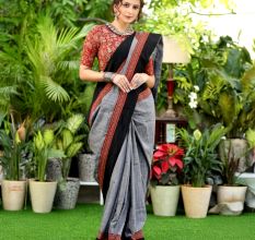 Grey Ajrak Cotton Saree with Black Contrast Border