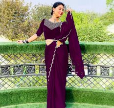 Wine Crepe Georgette Saree with Scallop Border