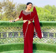 Red Crepe Georgette Bollywood Saree with Lace Border