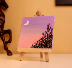 Mini Moonlight Sky Canvas Painting with Floral Silhouette