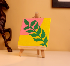 Bold Green Leaf Art on Yellow Pink Canvas