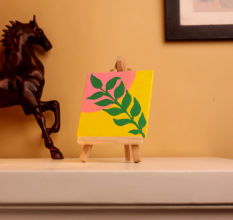 Bold Green Leaf Art on Yellow Pink Canvas