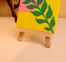 Bold Green Leaf Art on Yellow Pink Canvas