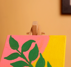 Bold Green Leaf Art on Yellow Pink Canvas