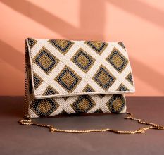 Luxury Geometric Beaded Clutch with Gold Chain Ivory, Gold & Black Diamond Pattern
