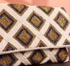 Luxury Geometric Beaded Clutch with Gold Chain Ivory, Gold & Black Diamond Pattern