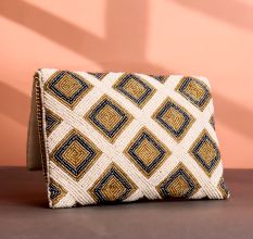 Luxury Geometric Beaded Clutch with Gold Chain Ivory, Gold & Black Diamond Pattern