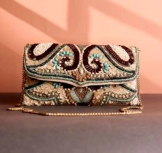 Boho Luxe Multicolor Hand-Beaded Clutch – Maroon, Mint & Natural Tones with Tribal Motifs