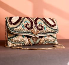 Boho Luxe Multicolor Hand-Beaded Clutch Maroon, Mint & Natural Tones with Tribal Motifs