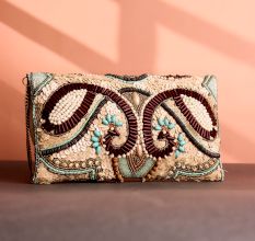 Boho Luxe Multicolor Hand-Beaded Clutch Maroon, Mint & Natural Tones with Tribal Motifs