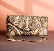 Crystal Vine Hand-Beaded Clutch – Gold, Ivory & Silver Art Deco Leaf Design
