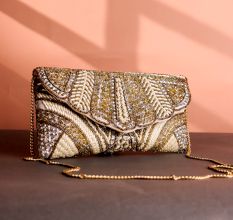 Crystal Vine Hand-Beaded Clutch Gold, Ivory & Silver Art Deco Leaf Design
