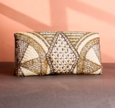 Crystal Vine Hand-Beaded Clutch Gold, Ivory & Silver Art Deco Leaf Design