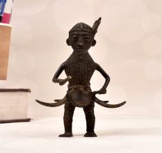 Vintage Naga Art Brass Statue of Man Playing Drum for Decor