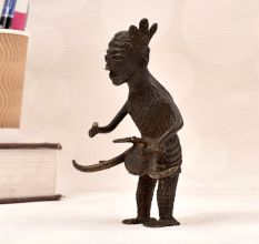 Vintage Naga Art Brass Statue of Man Playing Drum for Decor
