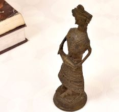 Vintage Brass Statue of Lady Figure Playing Drum in Dhokra Art