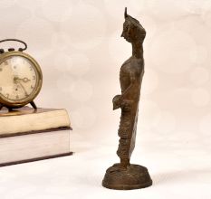 Vintage Brass Statue of Lady Figure Playing Drum in Dhokra Art