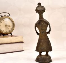 Vintage Brass Statue of Lady Figure Playing Drum in Dhokra Art