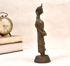 Vintage Brass Statue of Lady Figure Playing Drum in Dhokra Art